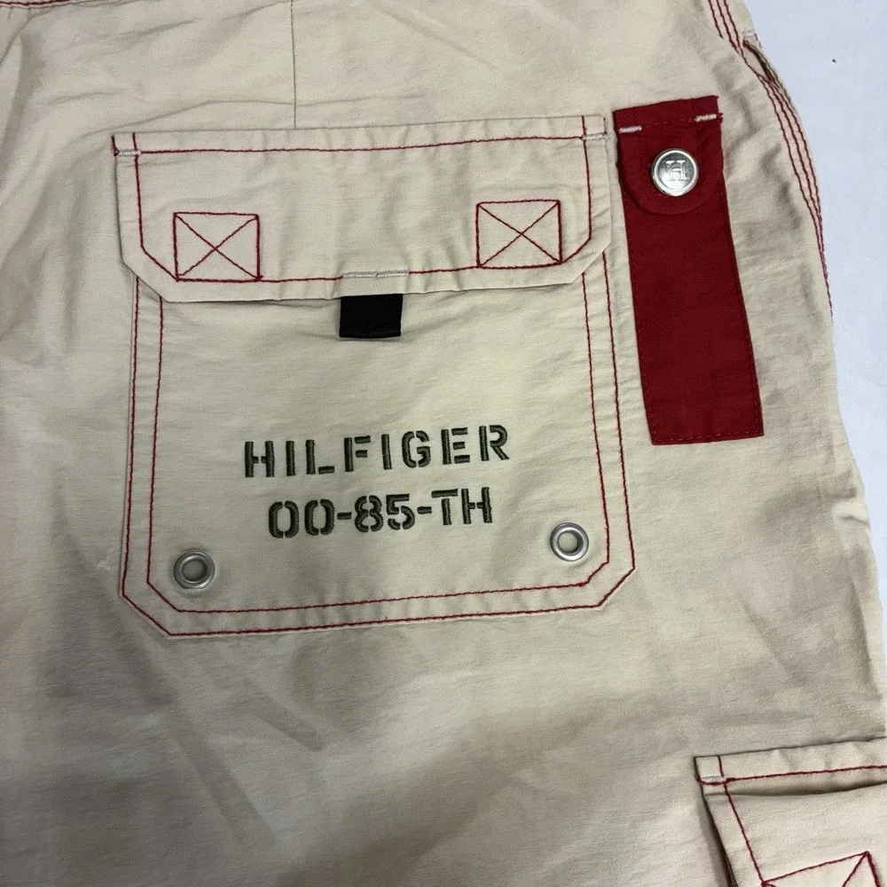 VTG Tommy Hilfiger Mens Swim Trunks, Cream With Red Stitching, Size Large‎